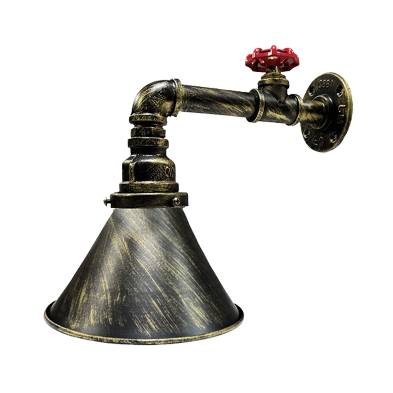 Iron Bronze Sconce Lighting Vintage Conical 1-Head Industrial Wall Lamp Fixture with Red Valve Deco Clearhalo 'Art deco wall lights' 'Cast Iron' 'Glass' 'Industrial wall lights' 'Industrial' 'Middle century wall lights' 'Modern' 'Rustic wall lights' 'Tiffany' 'Traditional wall lights' 'Wall Lamps & Sconces' 'Wall Lights' Lighting' 537264