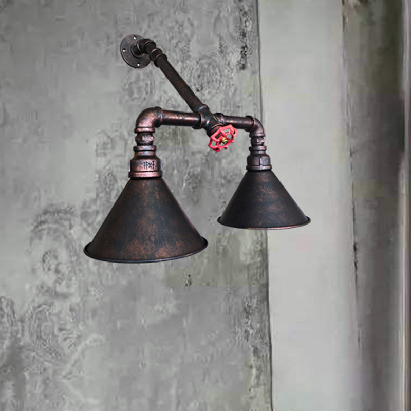 Flared Metallic Wall Mount Lighting Antiqued 2 Bulbs Living Room Sconce in Black with Red Valve Deco Clearhalo 'Art deco wall lights' 'Cast Iron' 'Glass' 'Industrial wall lights' 'Industrial' 'Middle century wall lights' 'Modern' 'Rustic wall lights' 'Tiffany' 'Traditional wall lights' 'Wall Lamps & Sconces' 'Wall Lights' Lighting' 537268