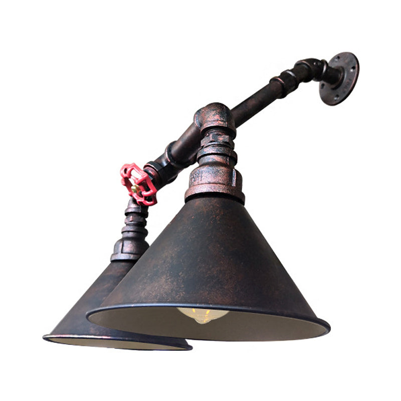 Flared Metallic Wall Mount Lighting Antiqued 2 Bulbs Living Room Sconce in Black with Red Valve Deco Clearhalo 'Art deco wall lights' 'Cast Iron' 'Glass' 'Industrial wall lights' 'Industrial' 'Middle century wall lights' 'Modern' 'Rustic wall lights' 'Tiffany' 'Traditional wall lights' 'Wall Lamps & Sconces' 'Wall Lights' Lighting' 537269