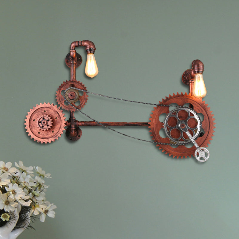 2-Light Wall Light Sconce Antiqued Bicycle Shape Iron Wall Lamp Fixture in Rust for Corridor Rust Clearhalo 'Art deco wall lights' 'Cast Iron' 'Glass' 'Industrial wall lights' 'Industrial' 'Middle century wall lights' 'Modern' 'Rustic wall lights' 'Tiffany' 'Traditional wall lights' 'Wall Lamps & Sconces' 'Wall Lights' Lighting' 537272