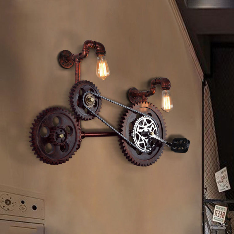 2-Light Wall Light Sconce Antiqued Bicycle Shape Iron Wall Lamp Fixture in Rust for Corridor Clearhalo 'Art deco wall lights' 'Cast Iron' 'Glass' 'Industrial wall lights' 'Industrial' 'Middle century wall lights' 'Modern' 'Rustic wall lights' 'Tiffany' 'Traditional wall lights' 'Wall Lamps & Sconces' 'Wall Lights' Lighting' 537273