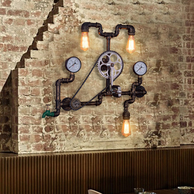 Metal Rust Finish Sconce Light Fixture Bicycle-Shape 3 Bulbs Industrial Wall Mount Pipe Lamp for Restaurant Rust Clearhalo 'Art deco wall lights' 'Cast Iron' 'Glass' 'Industrial wall lights' 'Industrial' 'Middle century wall lights' 'Modern' 'Rustic wall lights' 'Tiffany' 'Traditional wall lights' 'Wall Lamps & Sconces' 'Wall Lights' Lighting' 537277