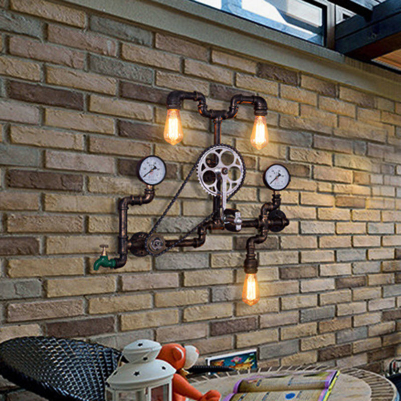 Metal Rust Finish Sconce Light Fixture Bicycle-Shape 3 Bulbs Industrial Wall Mount Pipe Lamp for Restaurant Clearhalo 'Art deco wall lights' 'Cast Iron' 'Glass' 'Industrial wall lights' 'Industrial' 'Middle century wall lights' 'Modern' 'Rustic wall lights' 'Tiffany' 'Traditional wall lights' 'Wall Lamps & Sconces' 'Wall Lights' Lighting' 537279
