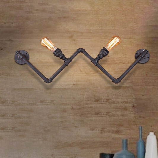 Black 2-Bulb Wall Lamp Fixture Farmhouse Iron W-Shape Wall Mount Sconce with Pipe Design Black Clearhalo 'Art deco wall lights' 'Cast Iron' 'Glass' 'Industrial wall lights' 'Industrial' 'Middle century wall lights' 'Modern' 'Rustic wall lights' 'Tiffany' 'Traditional wall lights' 'Wall Lamps & Sconces' 'Wall Lights' Lighting' 537282