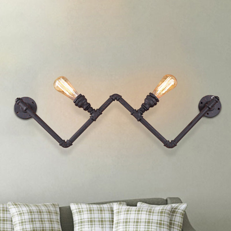 Black 2-Bulb Wall Lamp Fixture Farmhouse Iron W-Shape Wall Mount Sconce with Pipe Design Clearhalo 'Art deco wall lights' 'Cast Iron' 'Glass' 'Industrial wall lights' 'Industrial' 'Middle century wall lights' 'Modern' 'Rustic wall lights' 'Tiffany' 'Traditional wall lights' 'Wall Lamps & Sconces' 'Wall Lights' Lighting' 537283