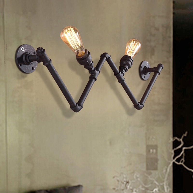 Black 2-Bulb Wall Lamp Fixture Farmhouse Iron W-Shape Wall Mount Sconce with Pipe Design Clearhalo 'Art deco wall lights' 'Cast Iron' 'Glass' 'Industrial wall lights' 'Industrial' 'Middle century wall lights' 'Modern' 'Rustic wall lights' 'Tiffany' 'Traditional wall lights' 'Wall Lamps & Sconces' 'Wall Lights' Lighting' 537284
