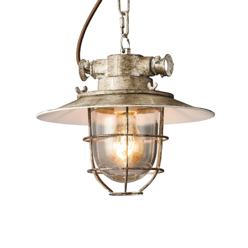 Aged Silver 1-Head Down Lighting Industrial Metallic Wire Cage Hanging Lamp Kit with Clear Glass Shade Clearhalo 'Art Deco Pendants' 'Cast Iron' 'Ceiling Lights' 'Ceramic' 'Crystal' 'Industrial Pendants' 'Industrial' 'Metal' 'Middle Century Pendants' 'Pendant Lights' 'Pendants' 'Tiffany' Lighting' 537298
