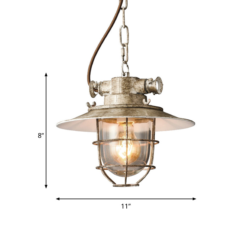 Aged Silver 1-Head Down Lighting Industrial Metallic Wire Cage Hanging Lamp Kit with Clear Glass Shade Clearhalo 'Art Deco Pendants' 'Cast Iron' 'Ceiling Lights' 'Ceramic' 'Crystal' 'Industrial Pendants' 'Industrial' 'Metal' 'Middle Century Pendants' 'Pendant Lights' 'Pendants' 'Tiffany' Lighting' 537299