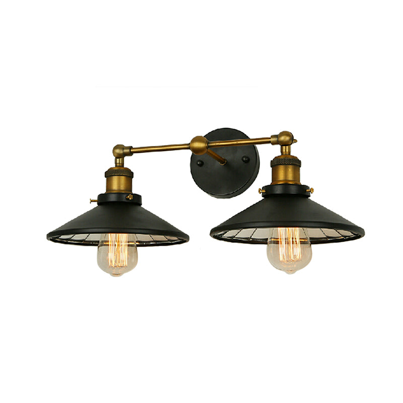 Iron Black and Brass Sconce Flared 2 Heads Antiqued Wall Mounted Light with Linear Arm Clearhalo 'Art deco wall lights' 'Cast Iron' 'Glass' 'Industrial wall lights' 'Industrial' 'Middle century wall lights' 'Modern' 'Rustic wall lights' 'Tiffany' 'Traditional wall lights' 'Wall Lamps & Sconces' 'Wall Lights' Lighting' 537361