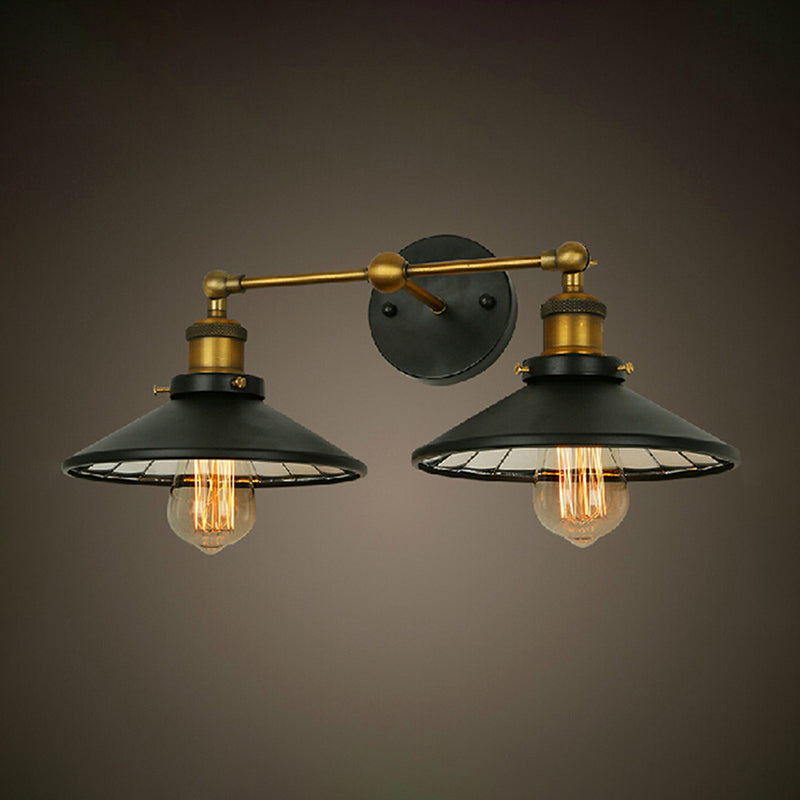 Iron Black and Brass Sconce Flared 2 Heads Antiqued Wall Mounted Light with Linear Arm Clearhalo 'Art deco wall lights' 'Cast Iron' 'Glass' 'Industrial wall lights' 'Industrial' 'Middle century wall lights' 'Modern' 'Rustic wall lights' 'Tiffany' 'Traditional wall lights' 'Wall Lamps & Sconces' 'Wall Lights' Lighting' 537362