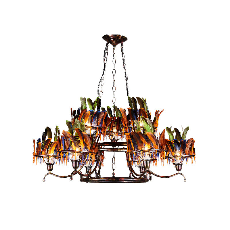 6 Bulbs 2-Layer Pendant Light Antiqued Rust Iron Ceiling Chandelier with Red-Blue-Green Feather Deco Clearhalo 'Ceiling Lights' 'Chandeliers' Lighting' options 537577