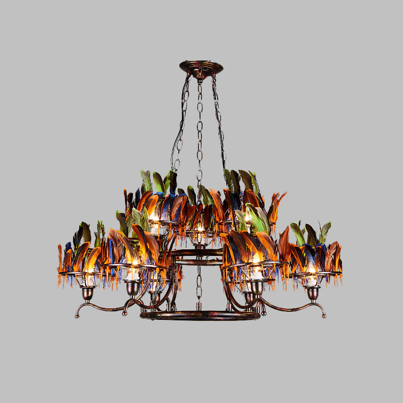 6 Bulbs 2-Layer Pendant Light Antiqued Rust Iron Ceiling Chandelier with Red-Blue-Green Feather Deco Clearhalo 'Ceiling Lights' 'Chandeliers' Lighting' options 537578