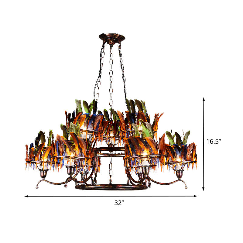 6 Bulbs 2-Layer Pendant Light Antiqued Rust Iron Ceiling Chandelier with Red-Blue-Green Feather Deco Clearhalo 'Ceiling Lights' 'Chandeliers' Lighting' options 537579