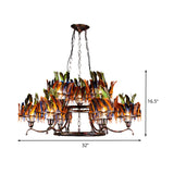 6 Bulbs 2-Layer Pendant Light Antiqued Rust Iron Ceiling Chandelier with Red-Blue-Green Feather Deco Clearhalo 'Ceiling Lights' 'Chandeliers' Lighting' options 537579