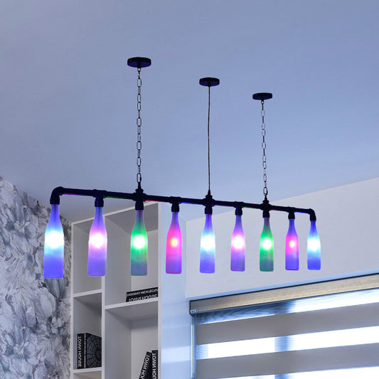 9 Lights Island Pendant Light Art Deco Wine Bottle Colorful Glass Hanging Ceiling Lamp in Black for Bar Black Clearhalo 'Ceiling Lights' 'Chandeliers' 'Glass shade' 'Glass' 'Island Lights' Lighting' 537703