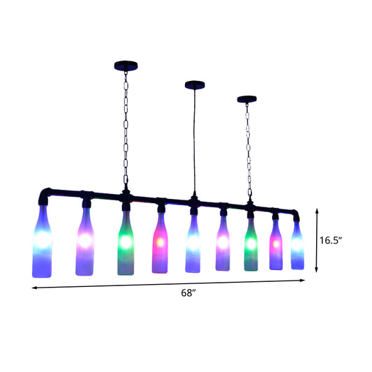 9 Lights Island Pendant Light Art Deco Wine Bottle Colorful Glass Hanging Ceiling Lamp in Black for Bar Clearhalo 'Ceiling Lights' 'Chandeliers' 'Glass shade' 'Glass' 'Island Lights' Lighting' 537707