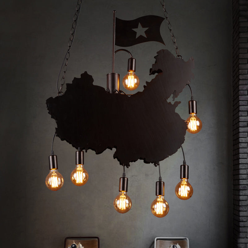 Iron Panel Black Hanging Light Kit Map and Flag Shape 7 Bulbs Industrial Island Pendant Lamp Clearhalo 'Ceiling Lights' 'Island Lights' Lighting' 537719