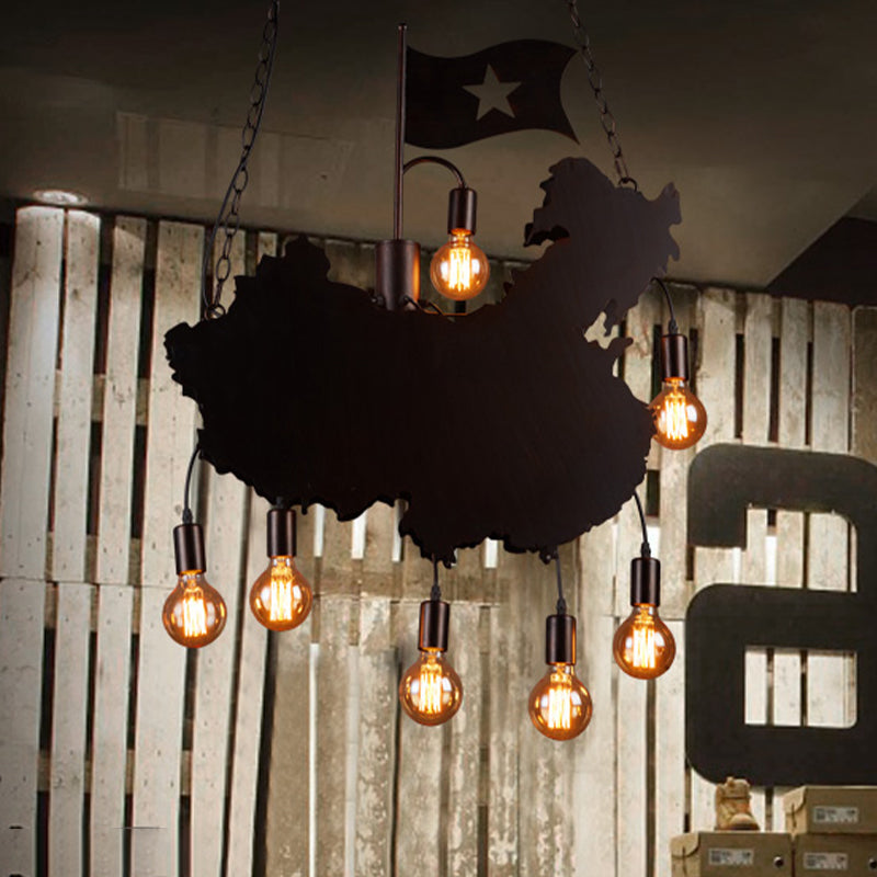 Iron Panel Black Hanging Light Kit Map and Flag Shape 7 Bulbs Industrial Island Pendant Lamp Clearhalo 'Ceiling Lights' 'Island Lights' Lighting' 537720