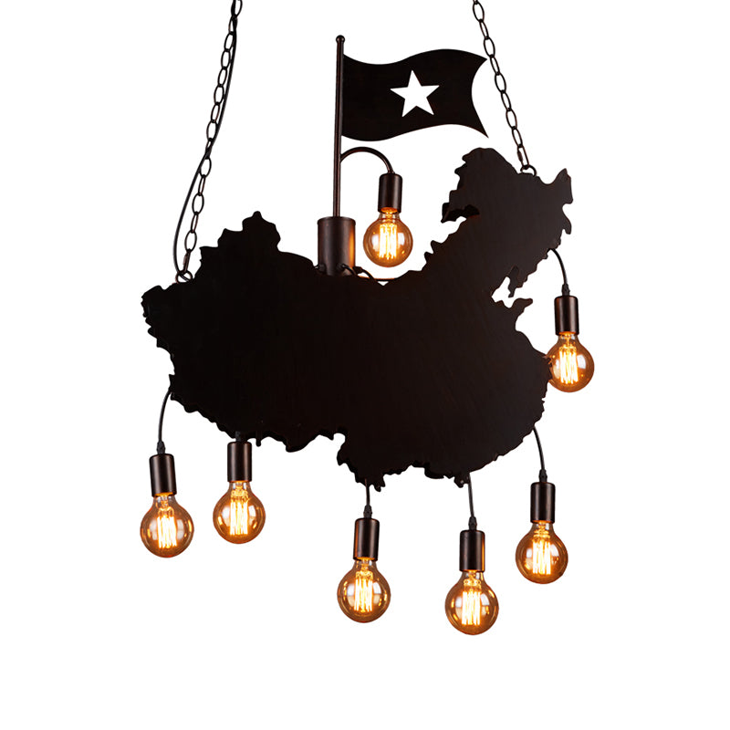 Iron Panel Black Hanging Light Kit Map and Flag Shape 7 Bulbs Industrial Island Pendant Lamp Clearhalo 'Ceiling Lights' 'Island Lights' Lighting' 537721