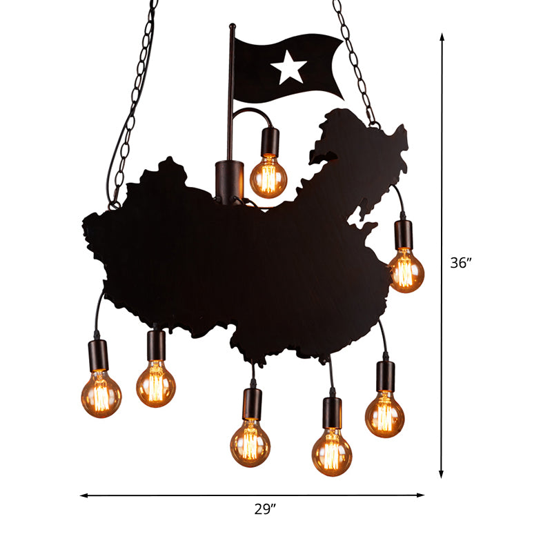 Iron Panel Black Hanging Light Kit Map and Flag Shape 7 Bulbs Industrial Island Pendant Lamp Clearhalo 'Ceiling Lights' 'Island Lights' Lighting' 537722