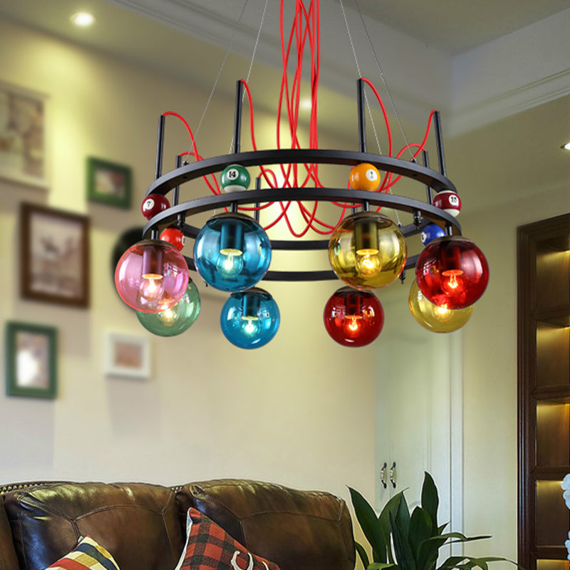 Black Round Ceiling Chandelier Vintage Colorful Glass 8/12/16 Bulbs Living Room Pendant Light with Billiard Decoration 8 Black Clearhalo 'Ceiling Lights' 'Chandeliers' 'Glass shade' 'Glass' 'Industrial Chandeliers' 'Industrial' 'Middle Century Chandeliers' 'Pendant Lights' 'Tiffany' Lighting' 541498