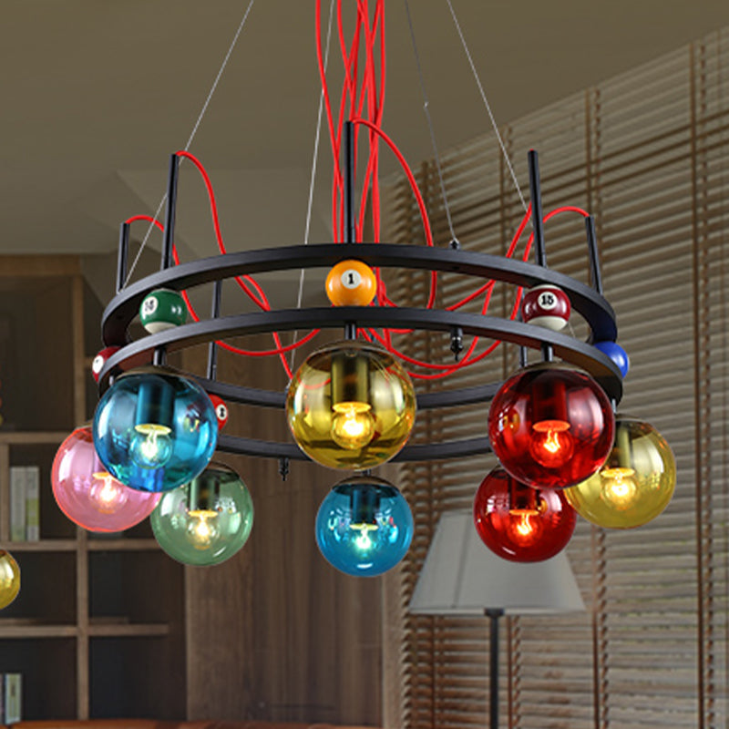 Black Round Ceiling Chandelier Vintage Colorful Glass 8/12/16 Bulbs Living Room Pendant Light with Billiard Decoration Clearhalo 'Ceiling Lights' 'Chandeliers' 'Glass shade' 'Glass' 'Industrial Chandeliers' 'Industrial' 'Middle Century Chandeliers' 'Pendant Lights' 'Tiffany' Lighting' 541499