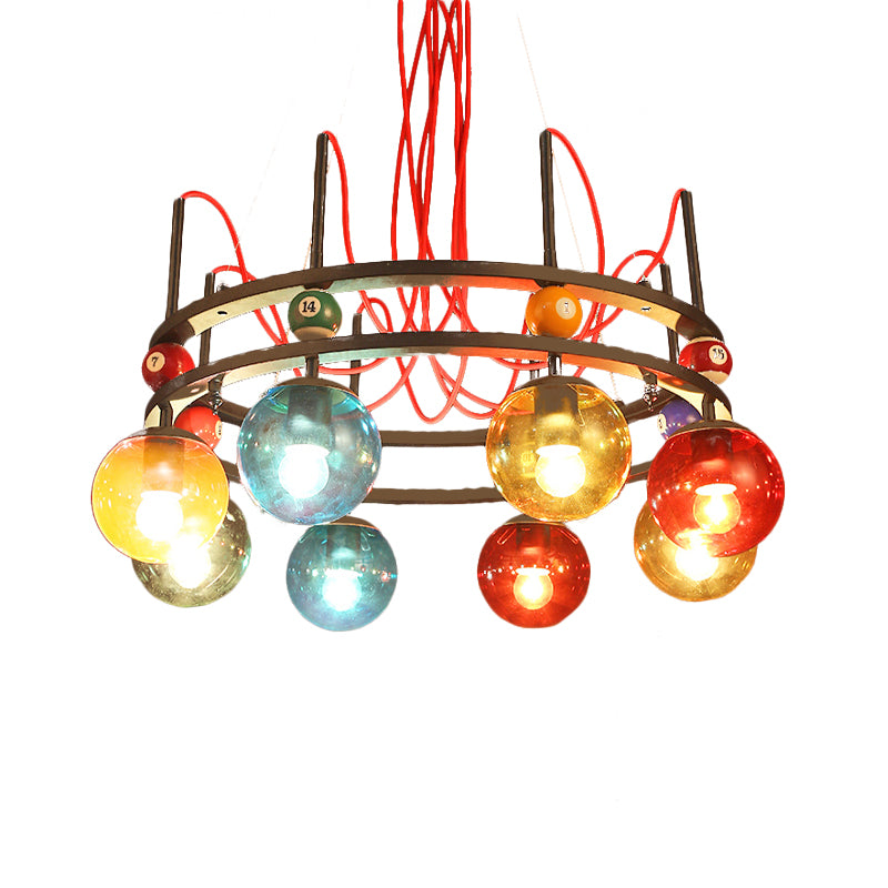 Black Round Ceiling Chandelier Vintage Colorful Glass 8/12/16 Bulbs Living Room Pendant Light with Billiard Decoration Clearhalo 'Ceiling Lights' 'Chandeliers' 'Glass shade' 'Glass' 'Industrial Chandeliers' 'Industrial' 'Middle Century Chandeliers' 'Pendant Lights' 'Tiffany' Lighting' 541501