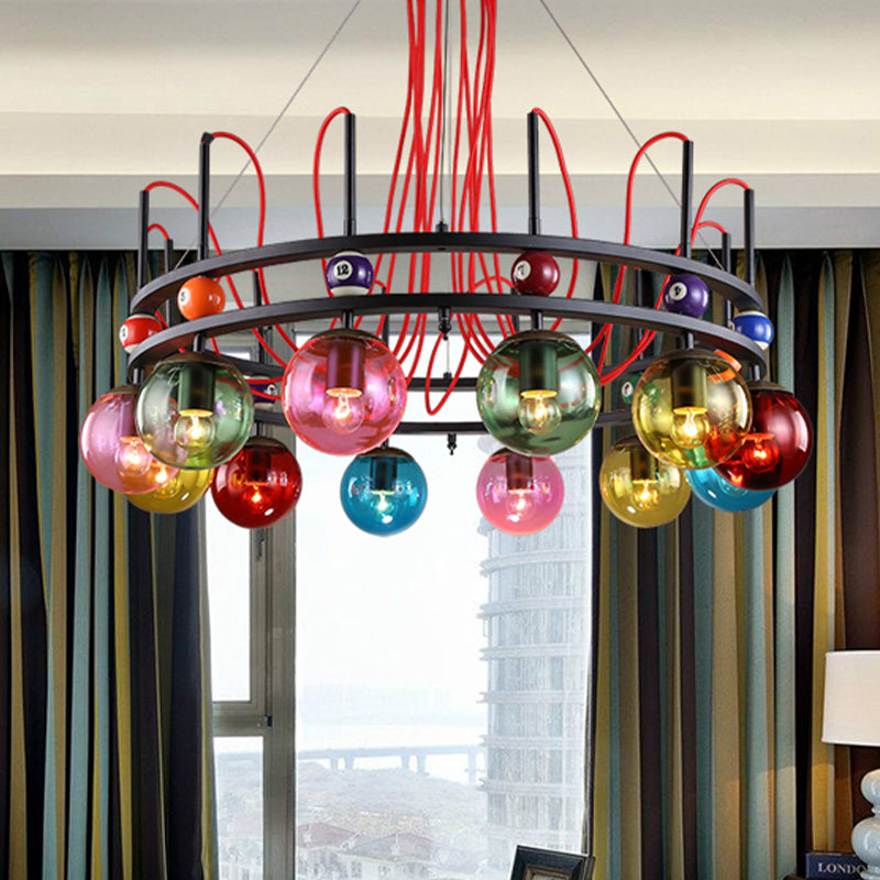 Black Round Ceiling Chandelier Vintage Colorful Glass 8/12/16 Bulbs Living Room Pendant Light with Billiard Decoration 12 Black Clearhalo 'Ceiling Lights' 'Chandeliers' 'Glass shade' 'Glass' 'Industrial Chandeliers' 'Industrial' 'Middle Century Chandeliers' 'Pendant Lights' 'Tiffany' Lighting' 541502