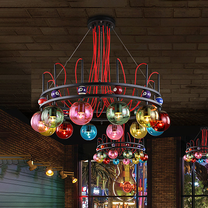 Black Round Ceiling Chandelier Vintage Colorful Glass 8/12/16 Bulbs Living Room Pendant Light with Billiard Decoration Clearhalo 'Ceiling Lights' 'Chandeliers' 'Glass shade' 'Glass' 'Industrial Chandeliers' 'Industrial' 'Middle Century Chandeliers' 'Pendant Lights' 'Tiffany' Lighting' 541503