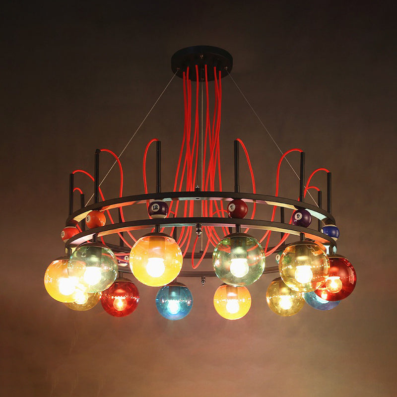 Black Round Ceiling Chandelier Vintage Colorful Glass 8/12/16 Bulbs Living Room Pendant Light with Billiard Decoration Clearhalo 'Ceiling Lights' 'Chandeliers' 'Glass shade' 'Glass' 'Industrial Chandeliers' 'Industrial' 'Middle Century Chandeliers' 'Pendant Lights' 'Tiffany' Lighting' 541504