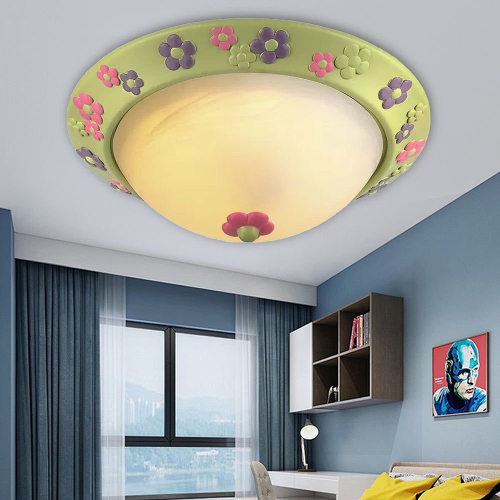 Modern Domed Flush Ceiling Light Glass Green Ceiling Lamp with Flower Deco for Kindergarten Green Clearhalo 'Ceiling Lights' 'Close To Ceiling Lights' 'Close to ceiling' 'Flush mount' Lighting' 54486