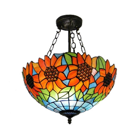 Bookstore Sunflower Ceiling Light 12"/16" Width Stained Glass Rustic Tiffany Orange Semi Flush Mount Light Orange 12" Clearhalo 'Ceiling Lights' 'Close To Ceiling Lights' 'Close to ceiling' 'Glass shade' 'Glass' 'Semi-flushmount' 'Tiffany close to ceiling' 'Tiffany' Lighting' 54508