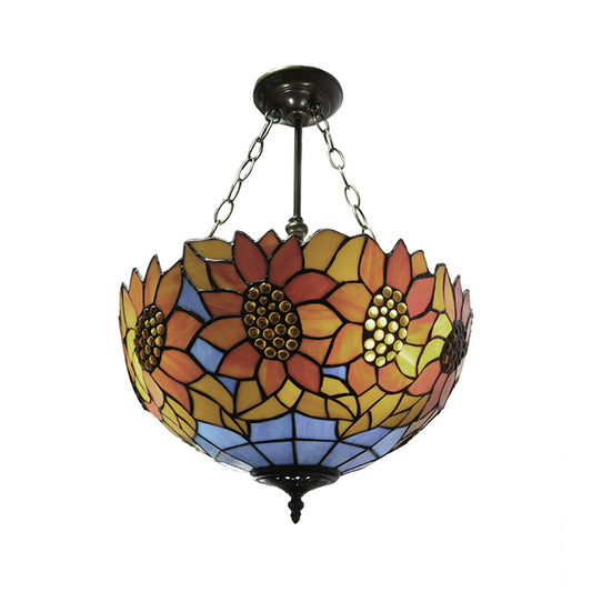 Bookstore Sunflower Ceiling Light 12"/16" Width Stained Glass Rustic Tiffany Orange Semi Flush Mount Light Clearhalo 'Ceiling Lights' 'Close To Ceiling Lights' 'Close to ceiling' 'Glass shade' 'Glass' 'Semi-flushmount' 'Tiffany close to ceiling' 'Tiffany' Lighting' 54511