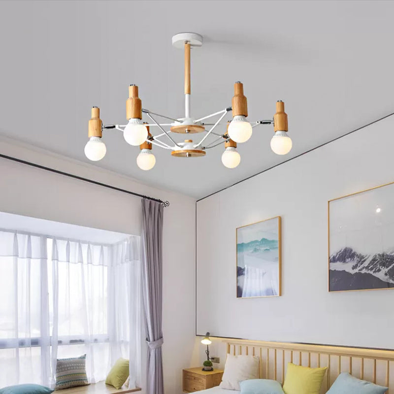 Wood Open Bulb Chandelier Nordic Style Hanging Light in White for Living Room 6 White Clearhalo 'Ceiling Lights' 'Chandeliers' Lighting' options 54725_9dbae43c-1076-4bf0-8e54-10e79c039ce7