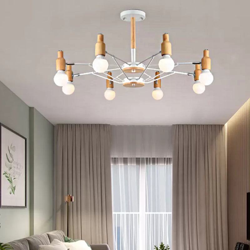 Wood Open Bulb Chandelier Nordic Style Hanging Light in White for Living Room 8 White Clearhalo 'Ceiling Lights' 'Chandeliers' Lighting' options 54728_4da28132-5874-451f-a843-083d39824694
