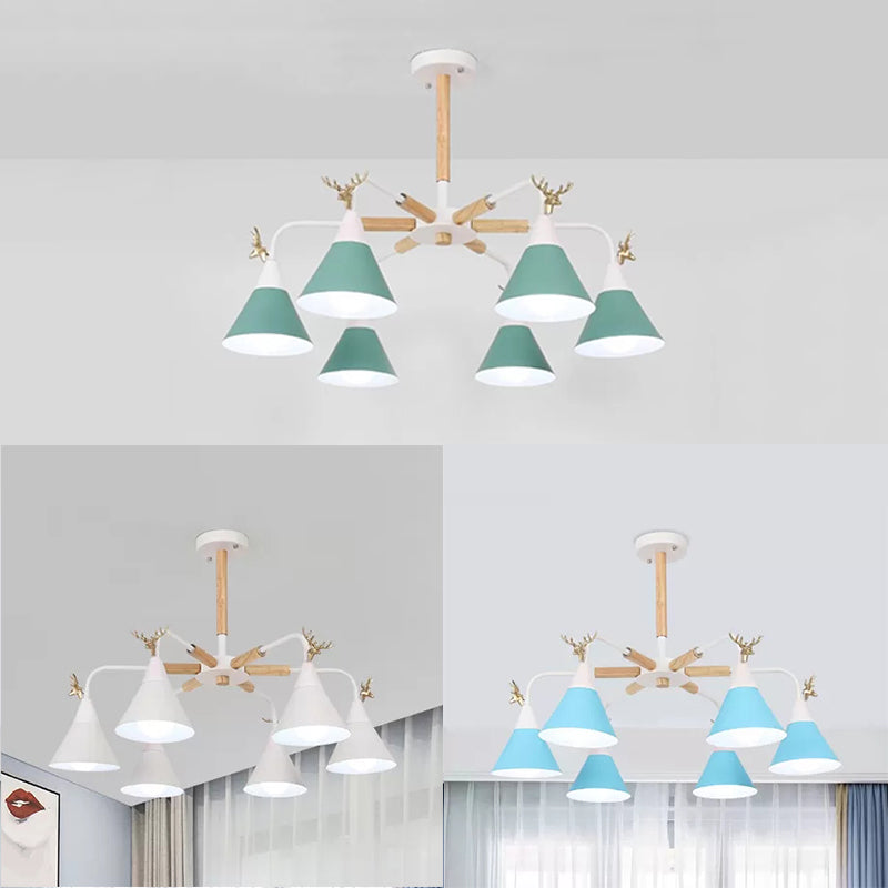 Metal Conical Pendant Light with Antlers Dining Room 6 Lights Macaron Chandelier Clearhalo 'Ceiling Lights' 'Chandeliers' Lighting' options 54898