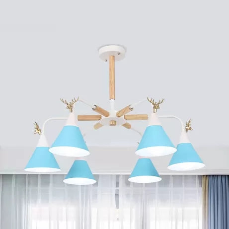 Metal Conical Pendant Light with Antlers Dining Room 6 Lights Macaron Chandelier Blue Clearhalo 'Ceiling Lights' 'Chandeliers' Lighting' options 54899_fce2594b-140d-4d8f-af56-4483cd7ce77d