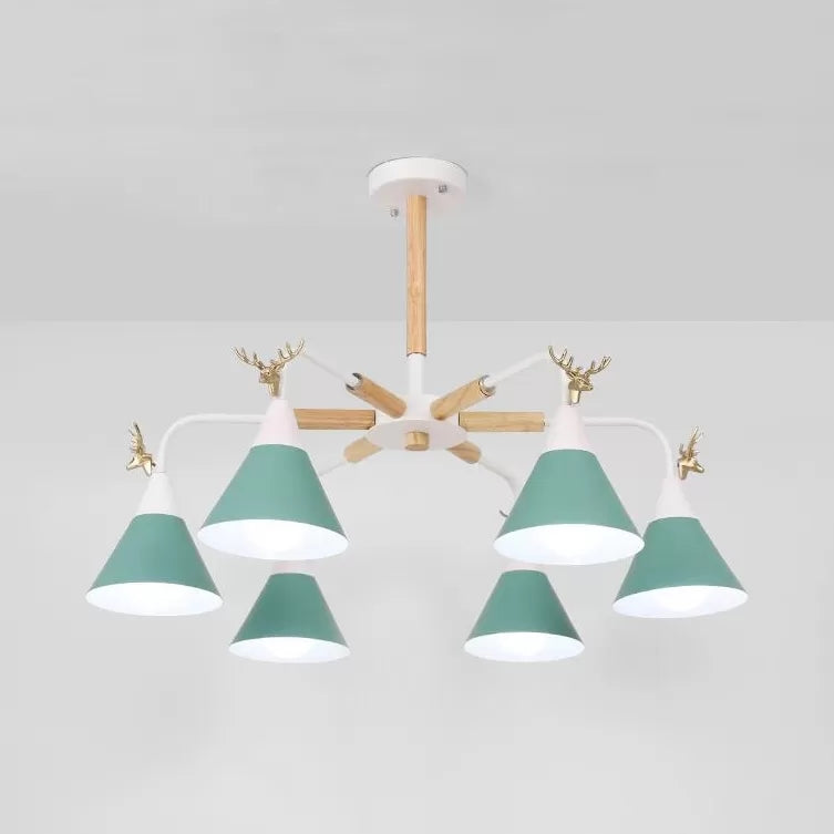 Metal Conical Pendant Light with Antlers Dining Room 6 Lights Macaron Chandelier Green Clearhalo 'Ceiling Lights' 'Chandeliers' Lighting' options 54903_a9fb3bf6-fa89-4b00-9f01-9735f33aaf60