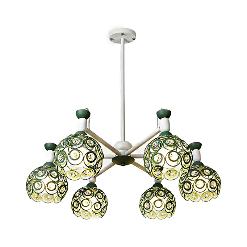 Macaron Hollow Orb Chandelier with Crystal Bead Wrought Iron Green Hanging Light for Bedroom Clearhalo 'Ceiling Lights' 'Chandeliers' Lighting' options 54978