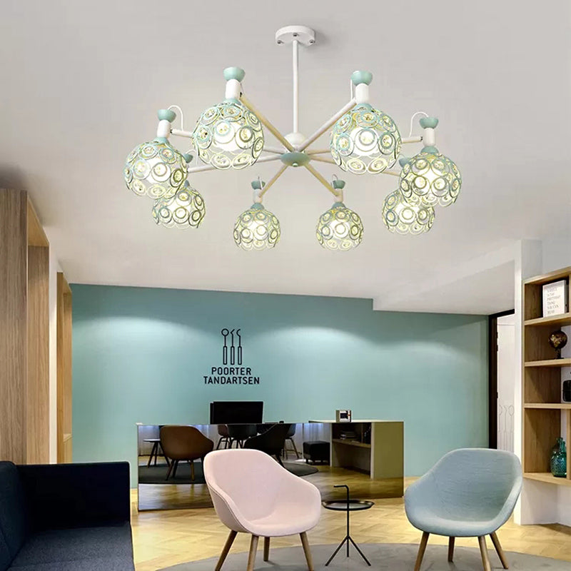 Macaron Hollow Orb Chandelier with Crystal Bead Wrought Iron Green Hanging Light for Bedroom 8 Green Clearhalo 'Ceiling Lights' 'Chandeliers' Lighting' options 54981_25b49cb6-39b5-420d-8225-87b0f6ac22fe