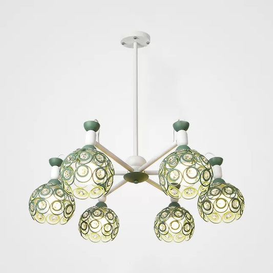 Macaron Hollow Orb Chandelier with Crystal Bead Wrought Iron Green Hanging Light for Bedroom Clearhalo 'Ceiling Lights' 'Chandeliers' Lighting' options 54984
