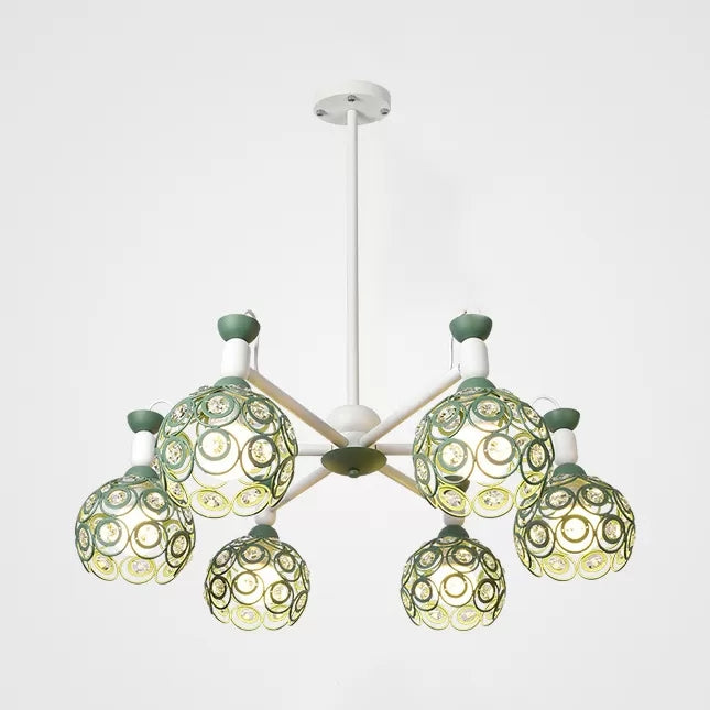 Macaron Hollow Orb Chandelier with Crystal Bead Wrought Iron Green Hanging Light for Bedroom 6 Green Clearhalo 'Ceiling Lights' 'Chandeliers' Lighting' options 54984_cf75762f-27c8-4144-961f-429b502e74e9