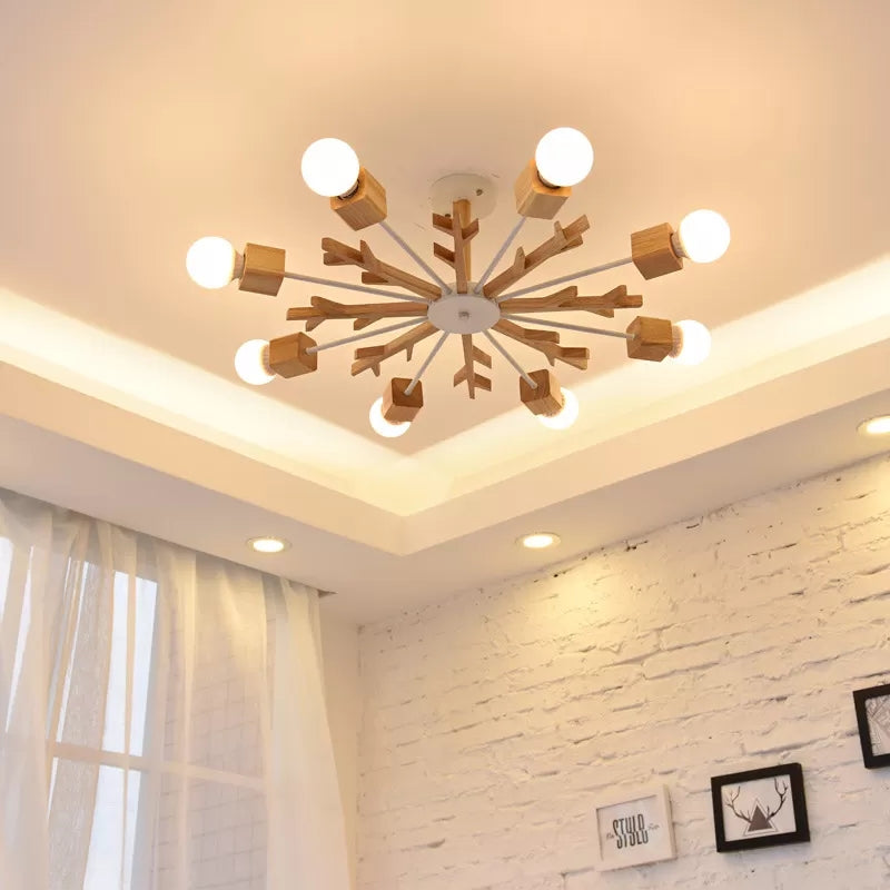 Kids Beige Suspension Light Snowflake Wood Chandelier with Bare Bulb for Living Room Clearhalo 'Ceiling Lights' 'Chandeliers' Lighting' options 54995