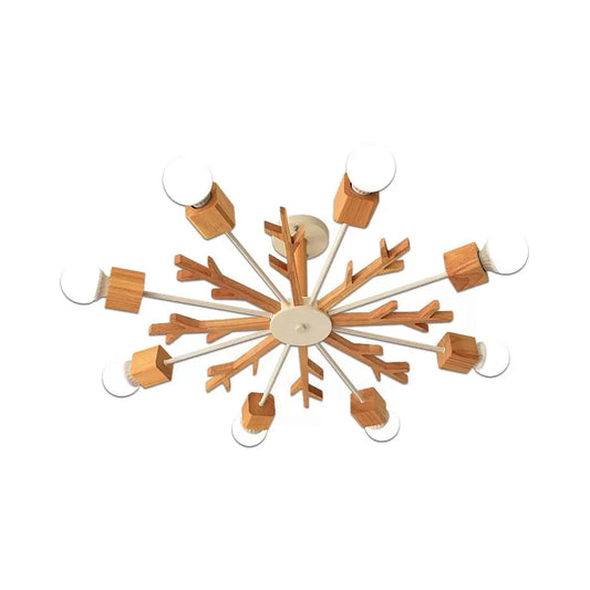 Kids Beige Suspension Light Snowflake Wood Chandelier with Bare Bulb for Living Room Clearhalo 'Ceiling Lights' 'Chandeliers' Lighting' options 54997