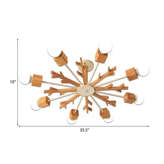 Kids Beige Suspension Light Snowflake Wood Chandelier with Bare Bulb for Living Room Clearhalo 'Ceiling Lights' 'Chandeliers' Lighting' options 54998