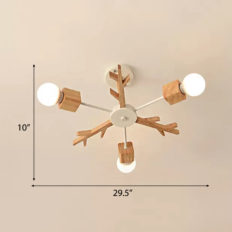 Kids Beige Suspension Light Snowflake Wood Chandelier with Bare Bulb for Living Room Clearhalo 'Ceiling Lights' 'Chandeliers' Lighting' options 55000