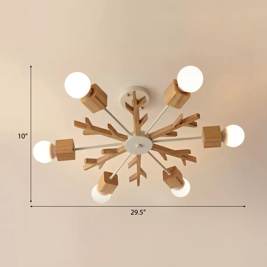 Kids Beige Suspension Light Snowflake Wood Chandelier with Bare Bulb for Living Room 6 Wood Clearhalo 'Ceiling Lights' 'Chandeliers' Lighting' options 55001_6738b72a-99ee-41b0-b407-9b705c9432e2