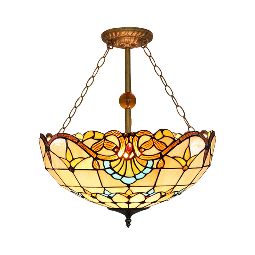 Victorian Designed Ceiling Fixture Tiffany Stylish Beige/Red/Orange/Brown/Blue/Purplish Blue Glass Semi Flush Ceiling Light for Study Room Brown Clearhalo 'Ceiling Lights' 'Close To Ceiling Lights' 'Close to ceiling' 'Glass shade' 'Glass' 'Semi-flushmount' 'Tiffany close to ceiling' 'Tiffany' Lighting' 55042