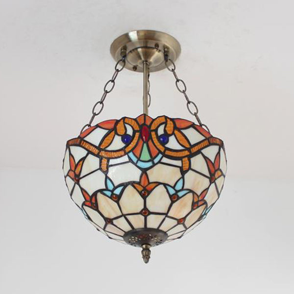 Victorian Designed Ceiling Fixture Tiffany Stylish Beige/Red/Orange/Brown/Blue/Purplish Blue Glass Semi Flush Ceiling Light for Study Room Clearhalo 'Ceiling Lights' 'Close To Ceiling Lights' 'Close to ceiling' 'Glass shade' 'Glass' 'Semi-flushmount' 'Tiffany close to ceiling' 'Tiffany' Lighting' 55046