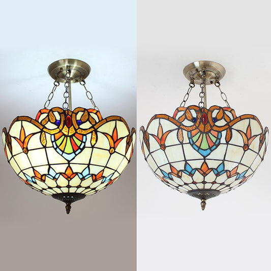 Victorian Designed Ceiling Fixture Tiffany Stylish Beige/Red/Orange/Brown/Blue/Purplish Blue Glass Semi Flush Ceiling Light for Study Room Clearhalo 'Ceiling Lights' 'Close To Ceiling Lights' 'Close to ceiling' 'Glass shade' 'Glass' 'Semi-flushmount' 'Tiffany close to ceiling' 'Tiffany' Lighting' 55049